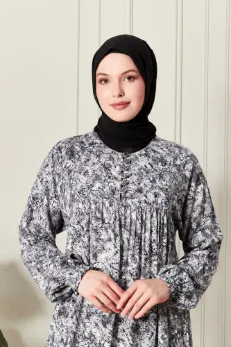 Viscose Fabric Modest Wear Mother Dress Prayer Dress with Smocked Yoke and Buttoned Front - Nature Pattern Gray - 5