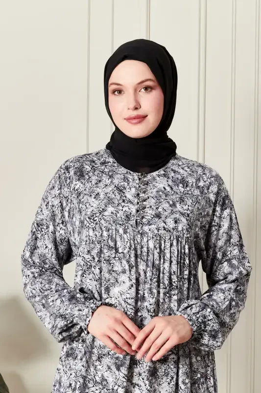 Viscose Fabric Modest Wear Mother Dress Prayer Dress with Smocked Yoke and Buttoned Front - Nature Pattern Gray - 5