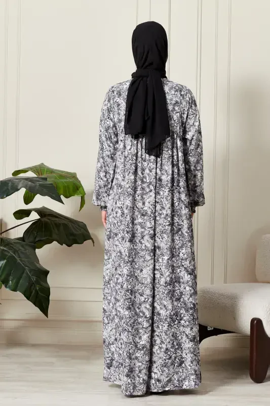 Viscose Fabric Modest Wear Mother Dress Prayer Dress with Smocked Yoke and Buttoned Front - Nature Pattern Gray - 7