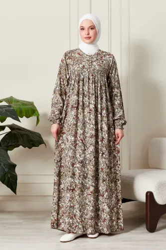 Viscose Fabric Modest Wear Mother Dress Prayer Dress with Smocked Yoke and Buttoned Front-Nature Pattern Yellow 