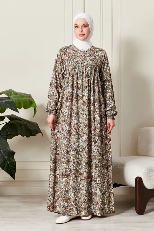 Viscose Fabric Modest Wear Mother Dress Prayer Dress with Smocked Yoke and Buttoned Front-Nature Pattern Yellow - 1