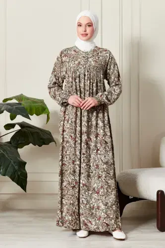 Viscose Fabric Modest Wear Mother Dress Prayer Dress with Smocked Yoke and Buttoned Front-Nature Pattern Yellow - FISTAN (1)