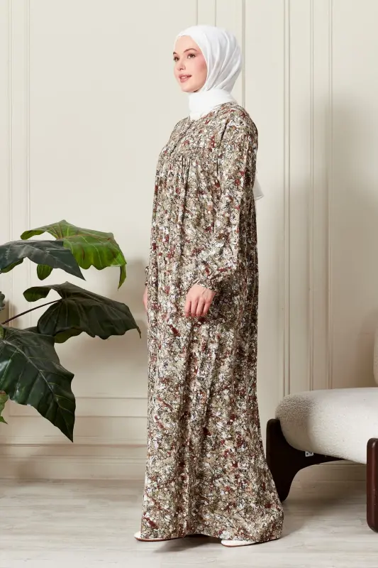 Viscose Fabric Modest Wear Mother Dress Prayer Dress with Smocked Yoke and Buttoned Front-Nature Pattern Yellow - 3