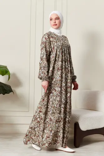 Viscose Fabric Modest Wear Mother Dress Prayer Dress with Smocked Yoke and Buttoned Front-Nature Pattern Yellow - 4