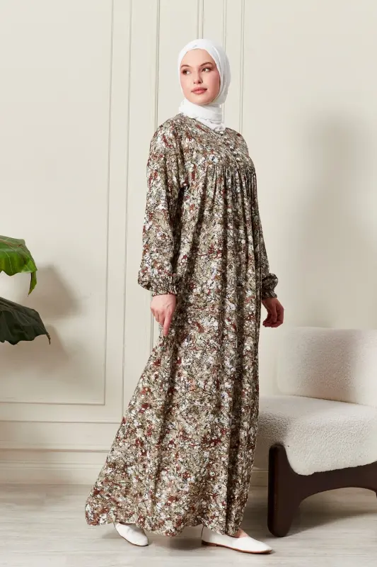 Viscose Fabric Modest Wear Mother Dress Prayer Dress with Smocked Yoke and Buttoned Front-Nature Pattern Yellow - 4