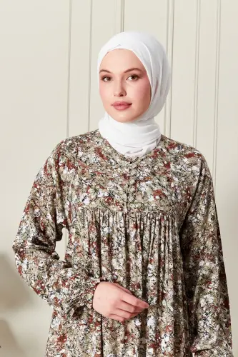 Viscose Fabric Modest Wear Mother Dress Prayer Dress with Smocked Yoke and Buttoned Front-Nature Pattern Yellow - 5