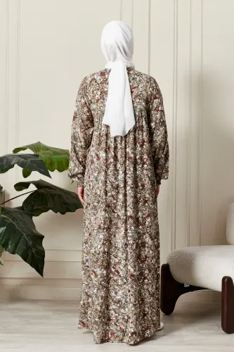 Viscose Fabric Modest Wear Mother Dress Prayer Dress with Smocked Yoke and Buttoned Front-Nature Pattern Yellow - 7