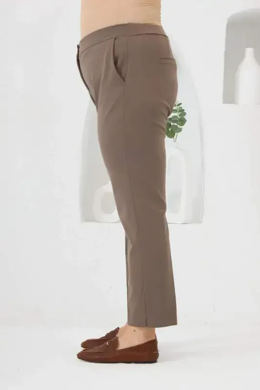 Viscose Fabric Plus Size Trousers Mink with Elastic Waist and Mini Slit on Hem - 2