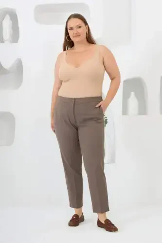 Viscose Fabric Plus Size Trousers Mink with Elastic Waist and Mini Slit on Hem - 5