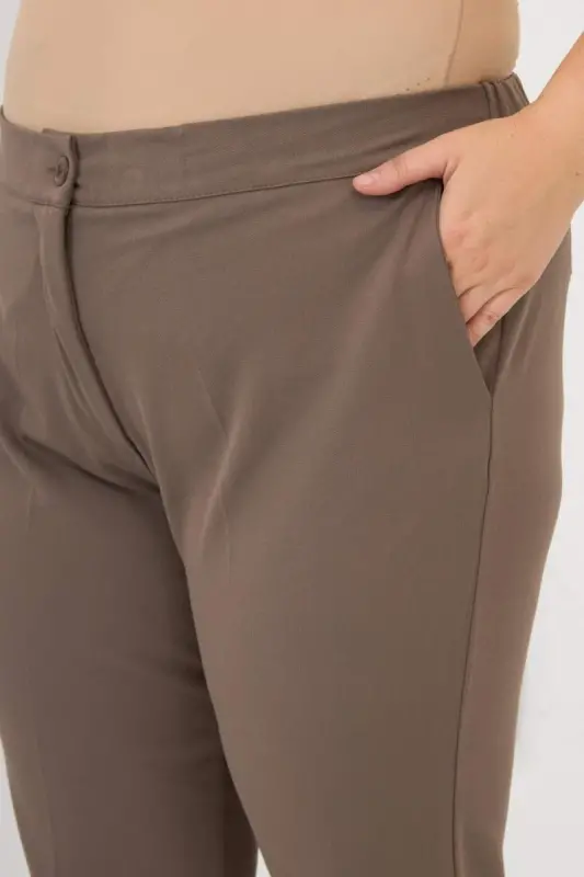 Viscose Fabric Plus Size Trousers Mink with Elastic Waist and Mini Slit on Hem - 3
