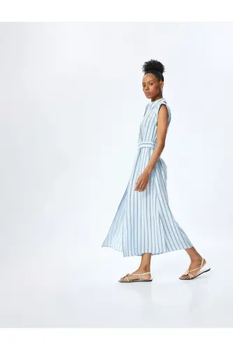 Viscose Fabric Pocketed Belted Sleeveless Long Striped Shirt Dress - 1