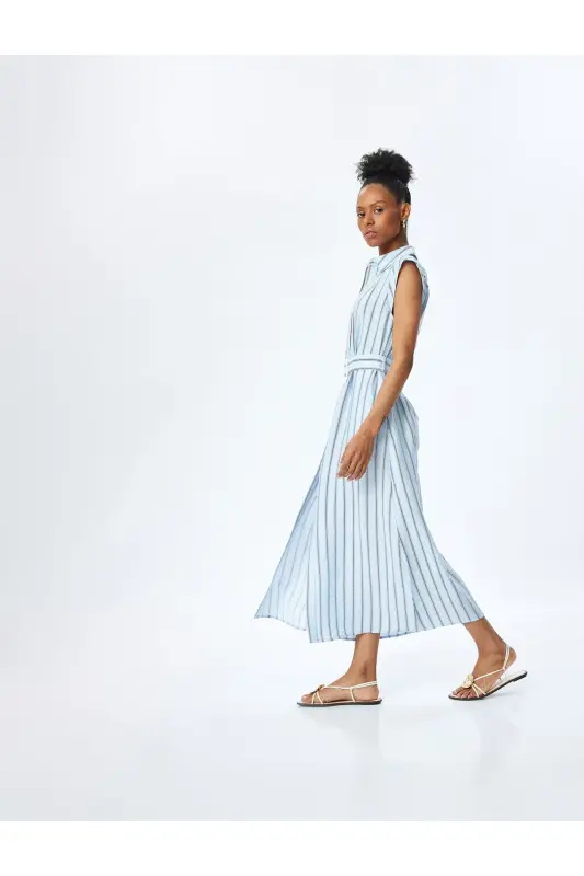 Viscose Fabric Pocketed Belted Sleeveless Long Striped Shirt Dress - 1