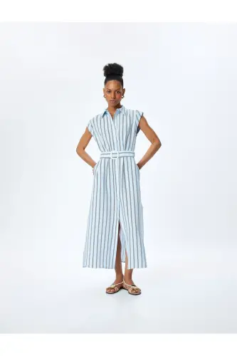 Viscose Fabric Pocketed Belted Sleeveless Long Striped Shirt Dress - 2