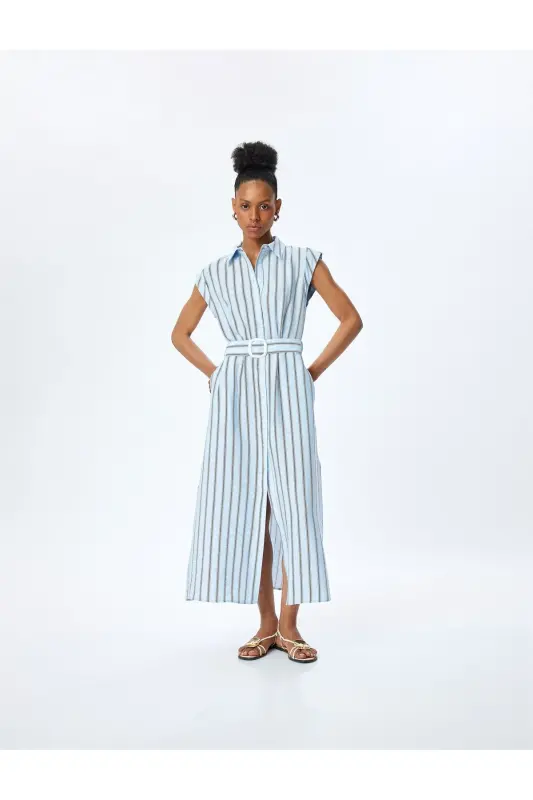 Viscose Fabric Pocketed Belted Sleeveless Long Striped Shirt Dress - 2