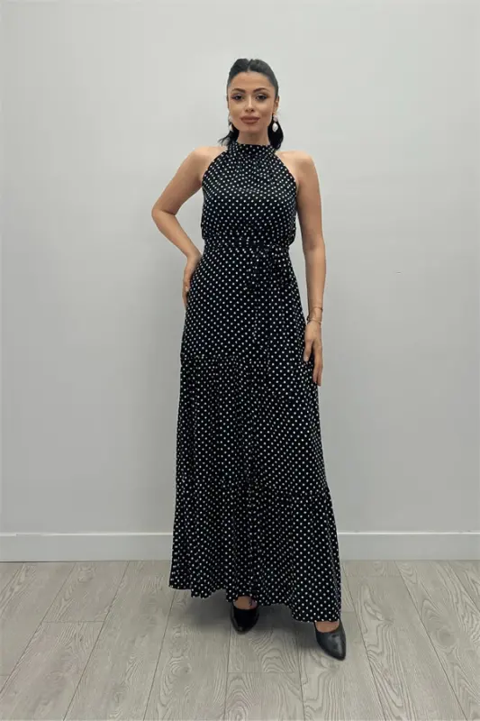 Viscose Fabric Polka Dot Patterned Maxi Dress - BLACK - 1