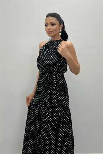 Viscose Fabric Polka Dot Patterned Maxi Dress - BLACK - 4