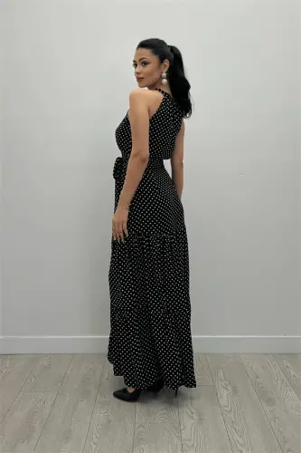 Viscose Fabric Polka Dot Patterned Maxi Dress - BLACK - 5