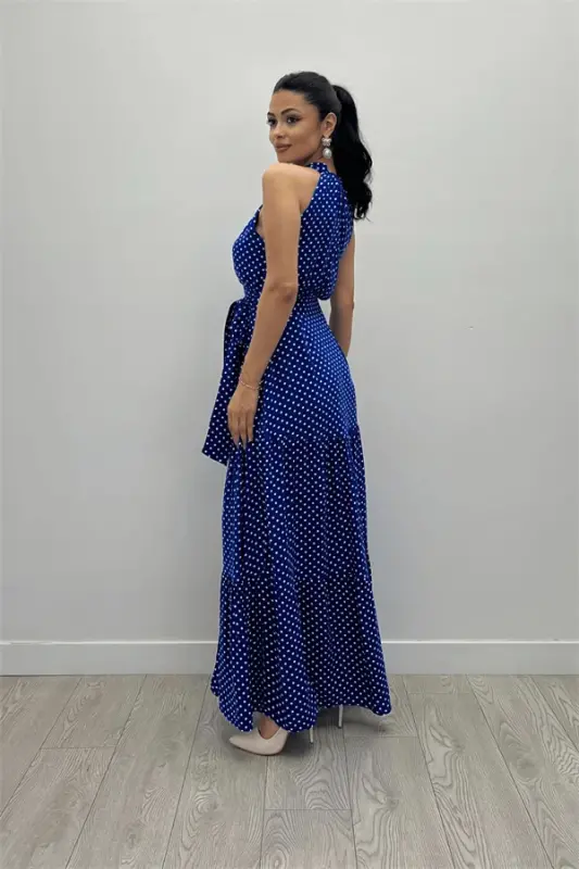 Viscose Fabric Polka Dot Patterned Maxi Dress - SAXE BLUE - 5
