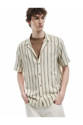Viscose Fabric Short Sleeve Drop Shoulder Collar Striped Shirt - 1