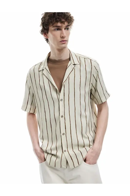 Viscose Fabric Short Sleeve Drop Shoulder Collar Striped Shirt - 1