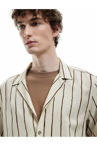 Viscose Fabric Short Sleeve Drop Shoulder Collar Striped Shirt - KOTON (1)