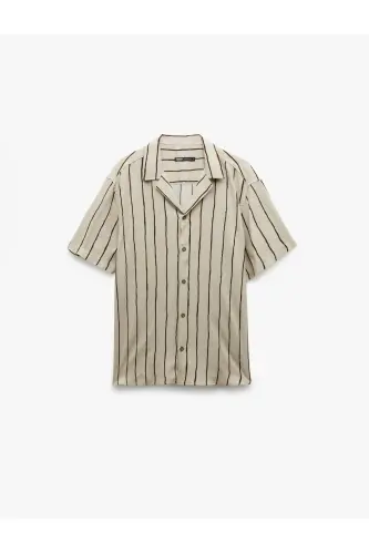 Viscose Fabric Short Sleeve Drop Shoulder Collar Striped Shirt - 3