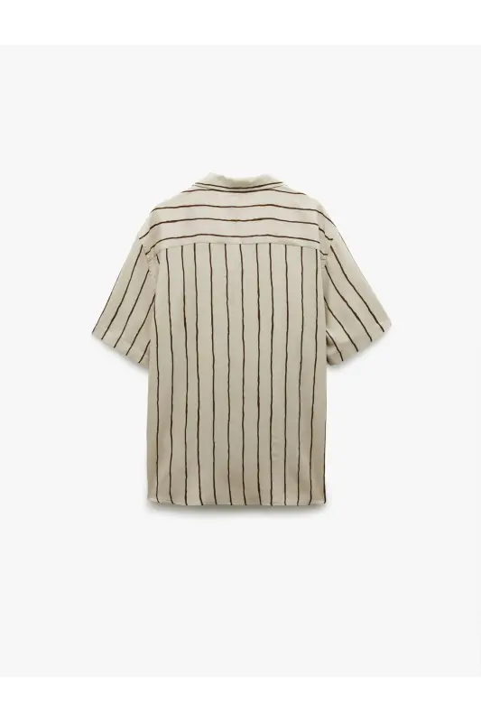 Viscose Fabric Short Sleeve Drop Shoulder Collar Striped Shirt - 4