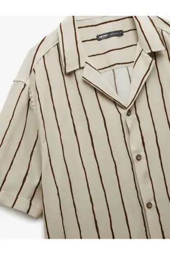 Viscose Fabric Short Sleeve Drop Shoulder Collar Striped Shirt - 5