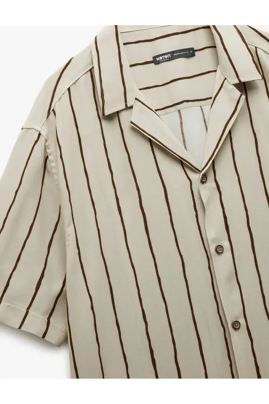 Viscose Fabric Short Sleeve Drop Shoulder Collar Striped Shirt - 5