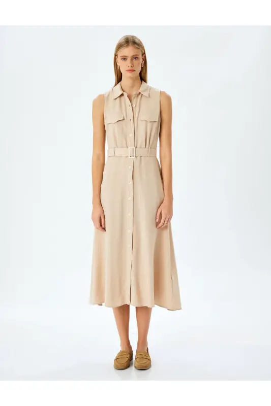 Viscose Linen Blend Sleeveless Pocketed Belted Long Shirt Dress - 3