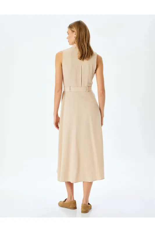 Viscose Linen Blend Sleeveless Pocketed Belted Long Shirt Dress - 4