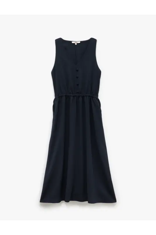 Viscose Linen Mix Pocketed Sleeveless V-Neck Midi Dress - 3