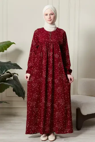 Viscose Modest Wear Mom Dress Prayer Dress with Smocked Yoke and Button-Down Front-Floral Pattern Red - 1