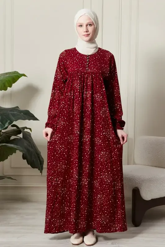 Viscose Modest Wear Mom Dress Prayer Dress with Smocked Yoke and Button-Down Front-Floral Pattern Red - 1