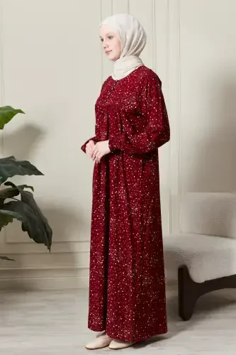 Viscose Modest Wear Mom Dress Prayer Dress with Smocked Yoke and Button-Down Front-Floral Pattern Red - 2