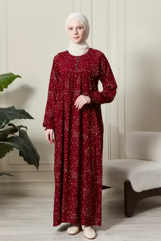 Viscose Modest Wear Mom Dress Prayer Dress with Smocked Yoke and Button-Down Front-Floral Pattern Red - 3