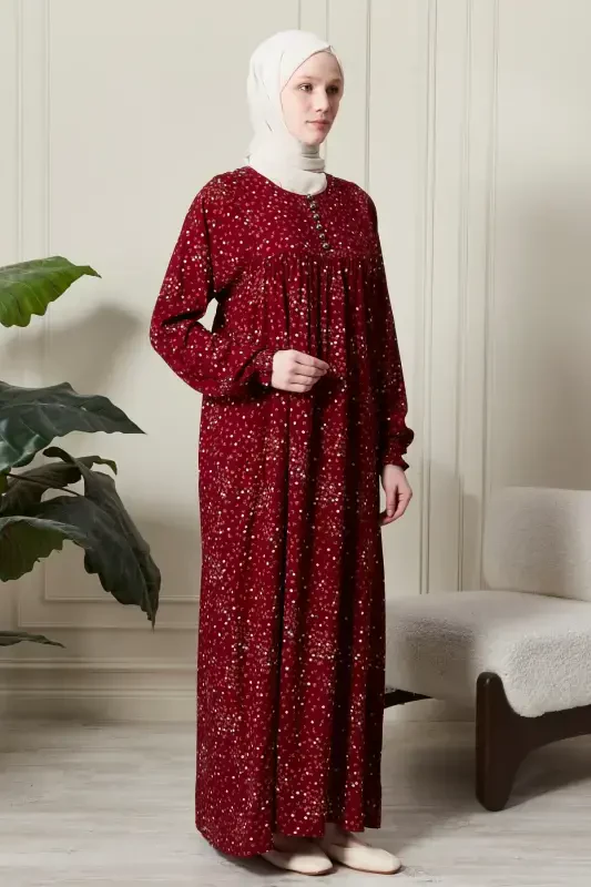 Viscose Modest Wear Mom Dress Prayer Dress with Smocked Yoke and Button-Down Front-Floral Pattern Red - 4