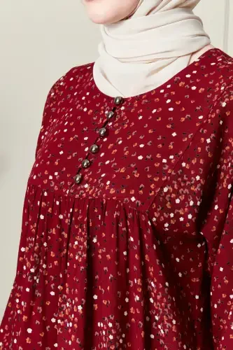 Viscose Modest Wear Mom Dress Prayer Dress with Smocked Yoke and Button-Down Front-Floral Pattern Red - 6