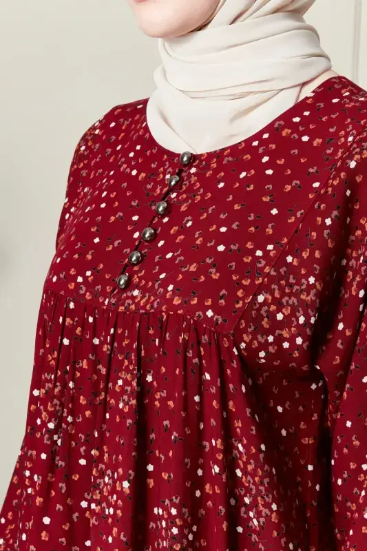 Viscose Modest Wear Mom Dress Prayer Dress with Smocked Yoke and Button-Down Front-Floral Pattern Red - 6