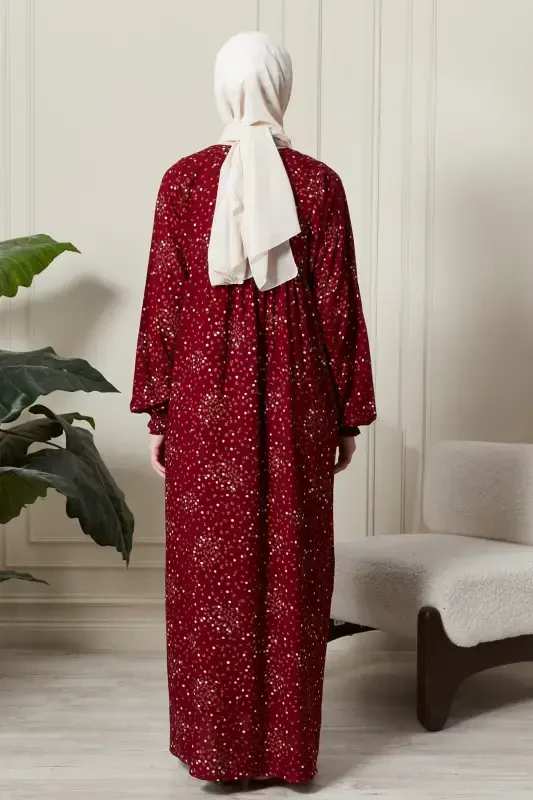 Viscose Modest Wear Mom Dress Prayer Dress with Smocked Yoke and Button-Down Front-Floral Pattern Red - 7