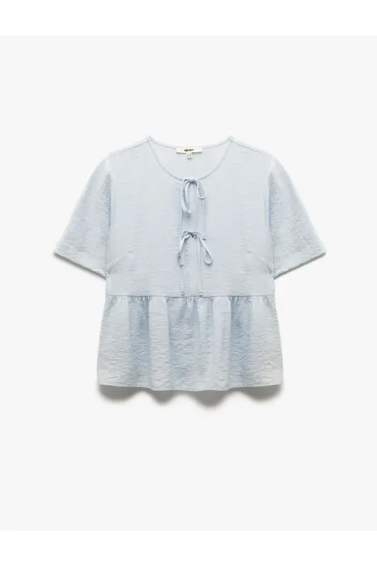 Viscose Short Sleeve Bow Detailed Round Neck Pep - 4