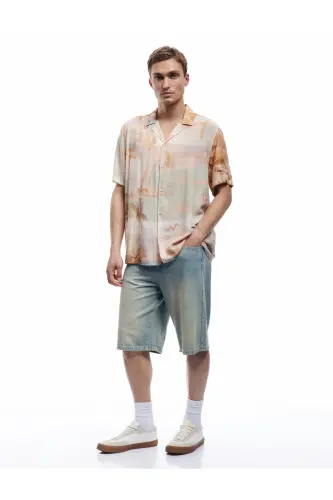 Viscose Short Sleeve Regular Fit Camp Collar Palm Tree - KOTON (1)