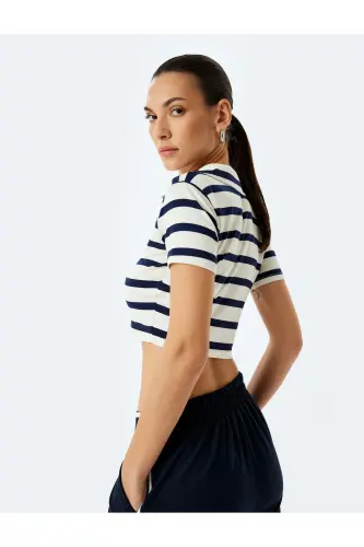 Viscose Short Sleeve Striped Polo Neck Crop T-Shirt - 1