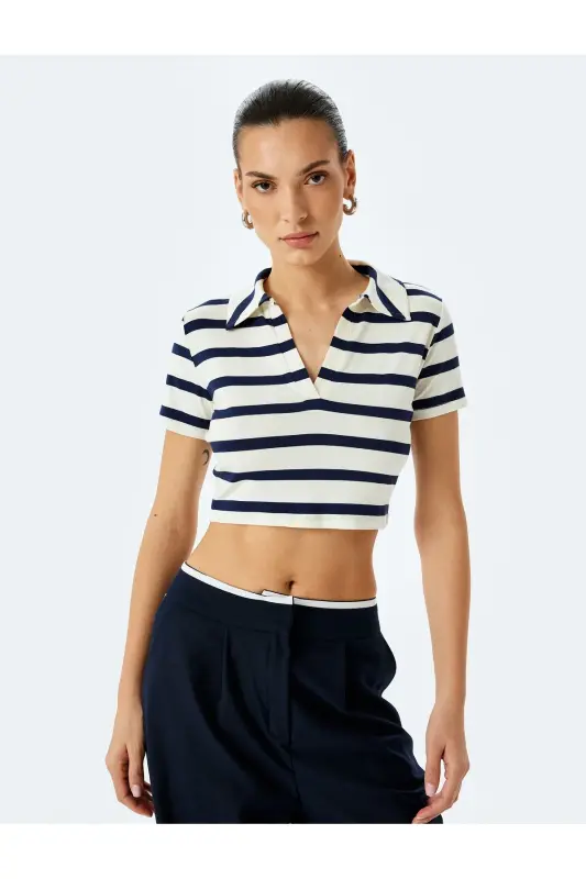 Viscose Short Sleeve Striped Polo Neck Crop T-Shirt - 3