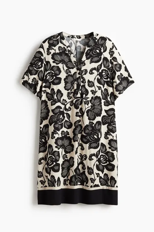 Viscose Tunic Dress-Cream/Black floral - H&M