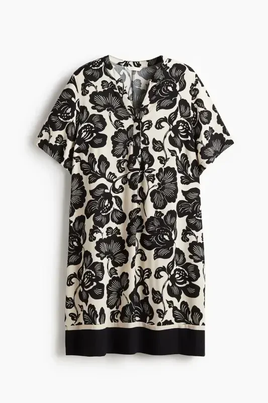 Viscose Tunic Dress-Cream/Black floral - 1