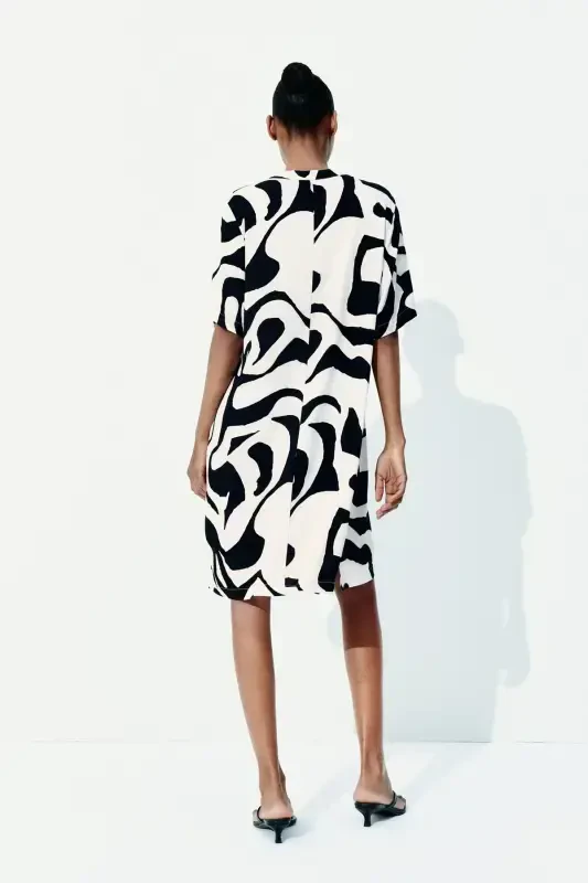 Viscose Tunic Dress-Cream/Black patterned - 3