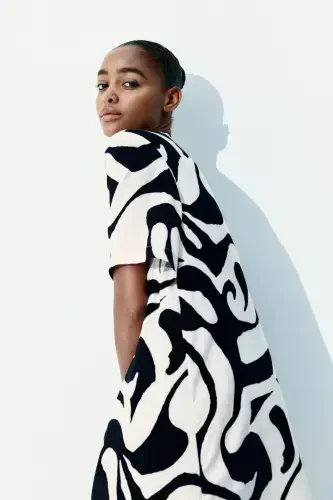 Viscose Tunic Dress-Cream/Black patterned - 4