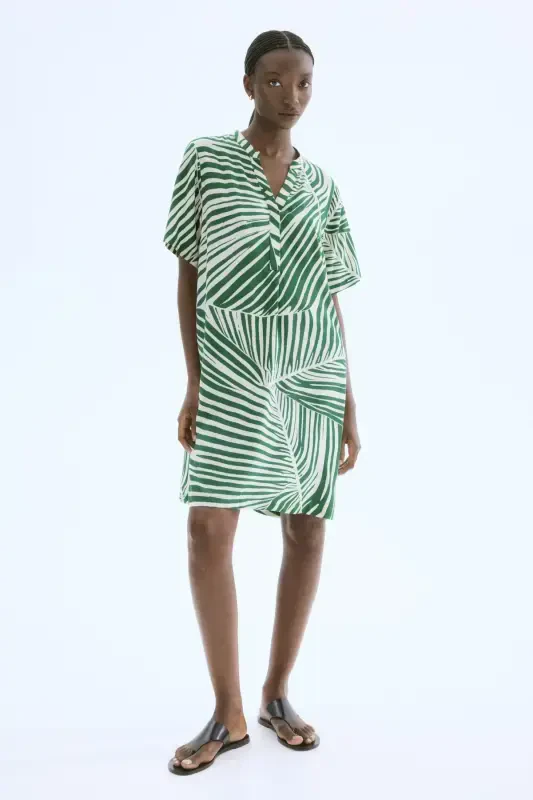 Viscose Tunic Dress-Green/Cream patterned - 4