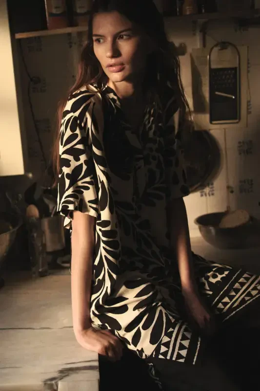 Viscose Tunic Dress - White/Black patterned - H&M